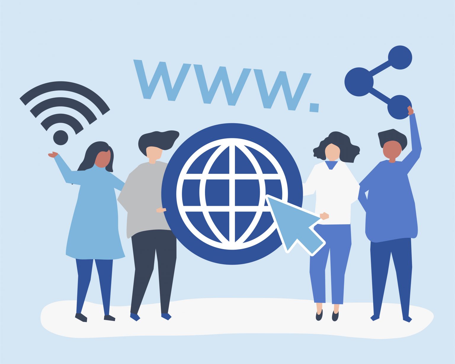 Character illustration of people holding world wide web icons